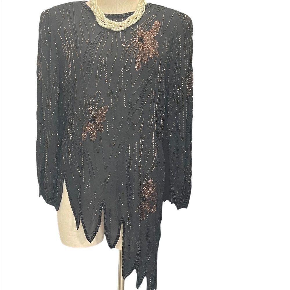 Chic Vintage Black Beaded High-Low Blouse by Jack Bryan
